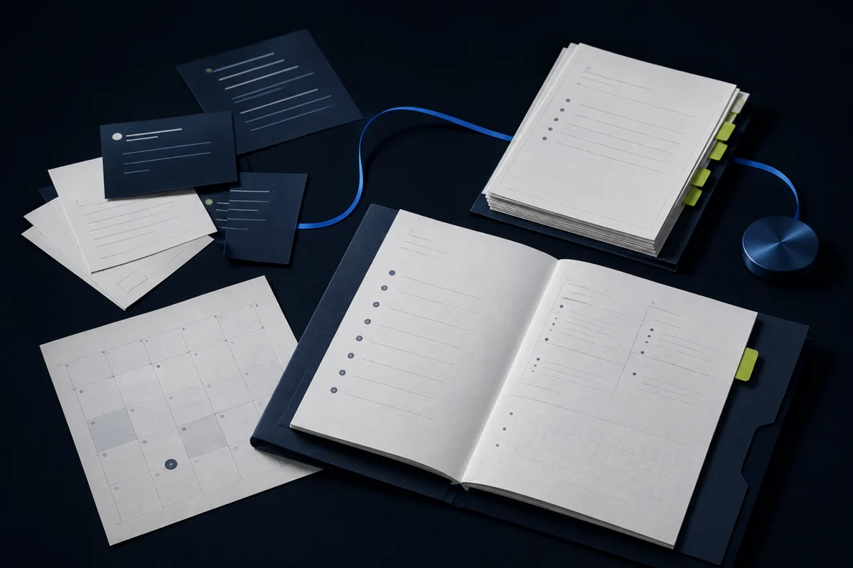 Illustration of messages, a calendar and working notes organised into one daily plan.